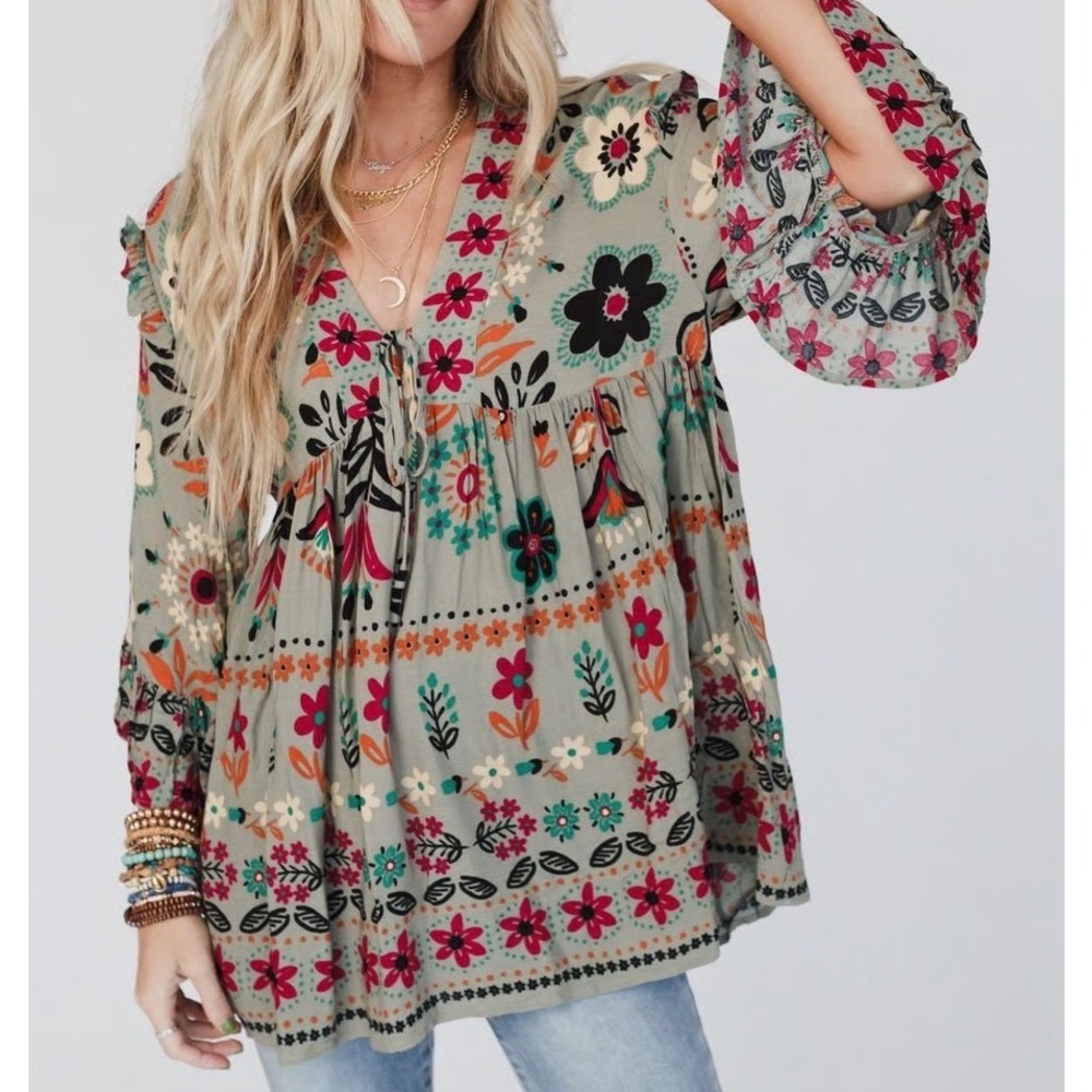 Three Bird Nest Floral V-Neck Ruffle Shoulder Bell Sleeve Babydoll Tunic Top S